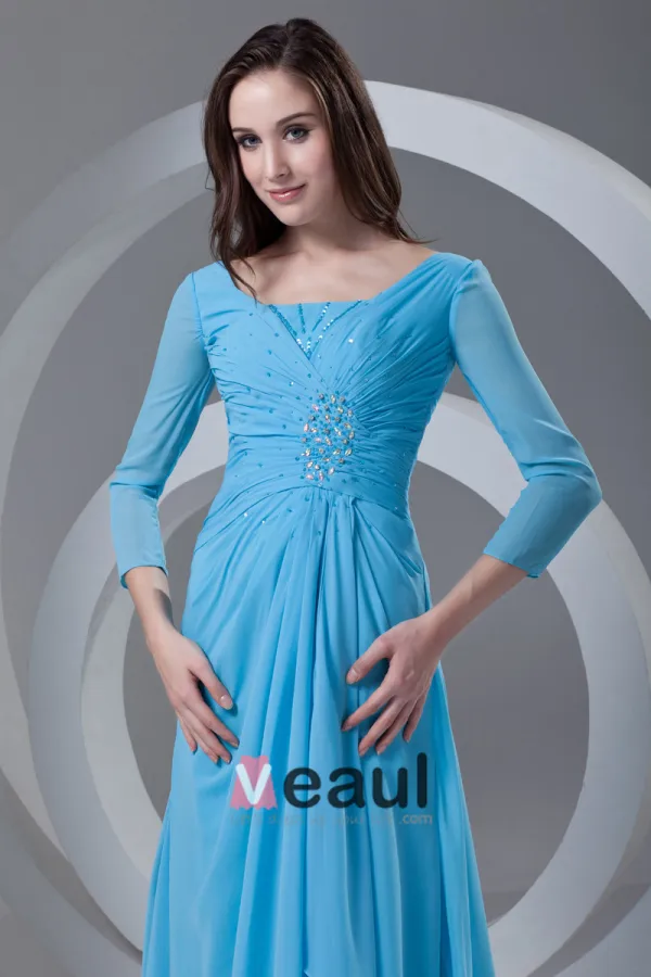 Square Beading Pleated Floor Length Chiffon Mother of the Bride Dress