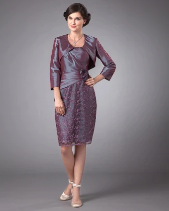 Stylish Square Knee Length Taffeta Lace Beading Mothers Of Bride Guests Dresses