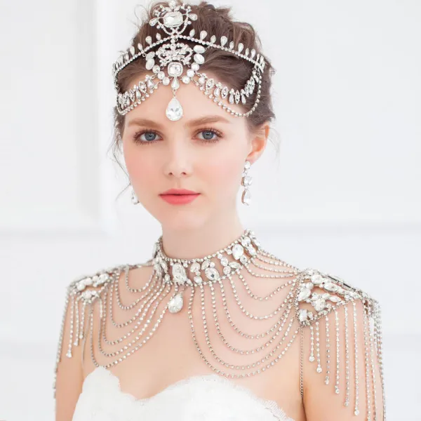 Tassel Diamond Shoulder Chain Jewelry / Wedding Necklace / Bridal Earrings Three-piece