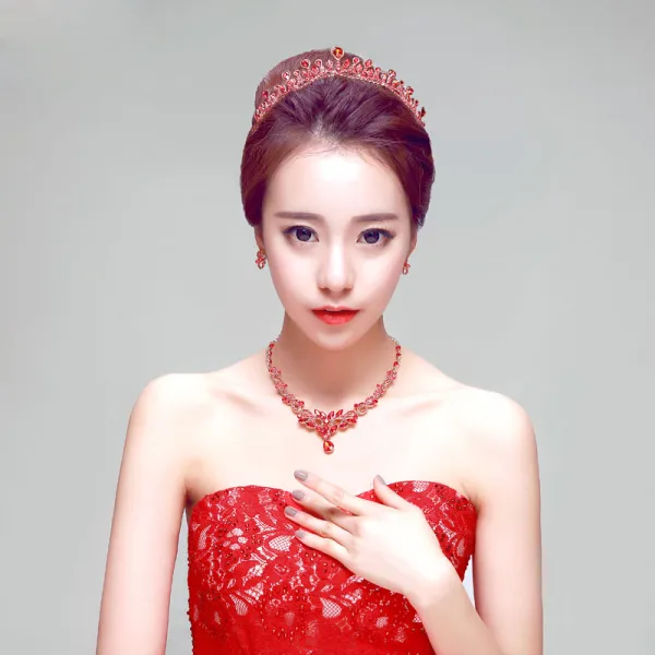 Red Luxury Fashion Bridal Jewellery Wedding Tiara Earrings Necklace Three piece
