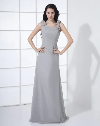 Floor Length Sabrina Neckline Flowers Pleated Chiffon Woman Bridesmaid Dress