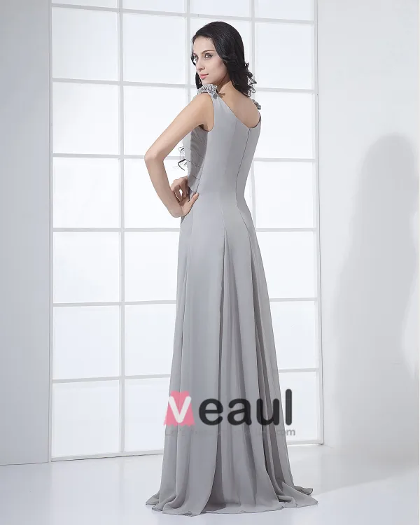 Floor Length Sabrina Neckline Flowers Pleated Chiffon Woman Bridesmaid Dress