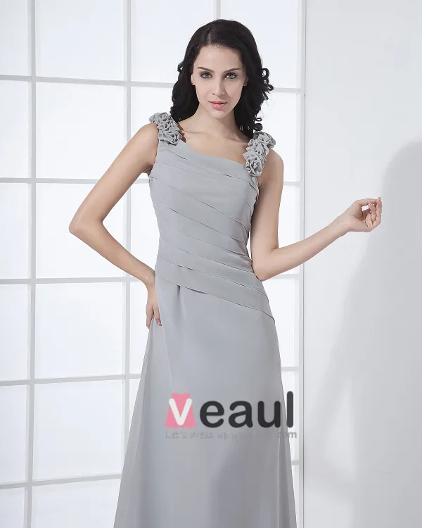 Floor Length Sabrina Neckline Flowers Pleated Chiffon Woman Bridesmaid Dress