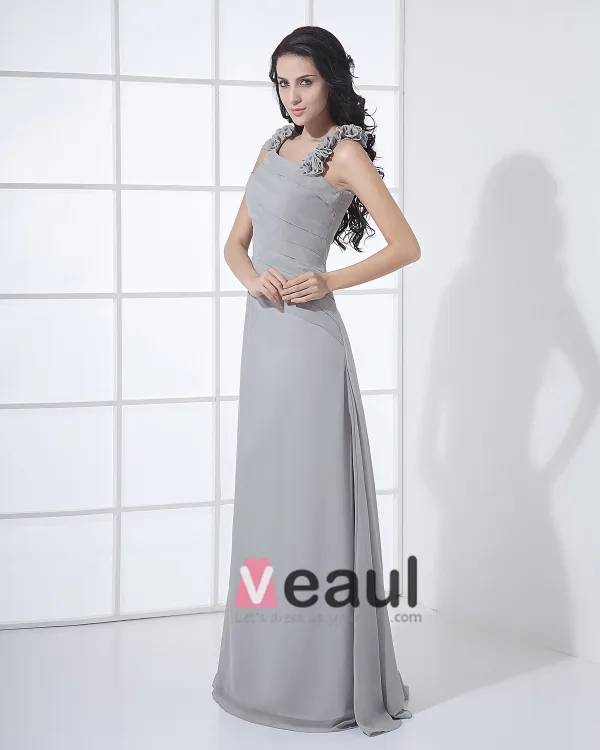 Floor Length Sabrina Neckline Flowers Pleated Chiffon Woman Bridesmaid Dress