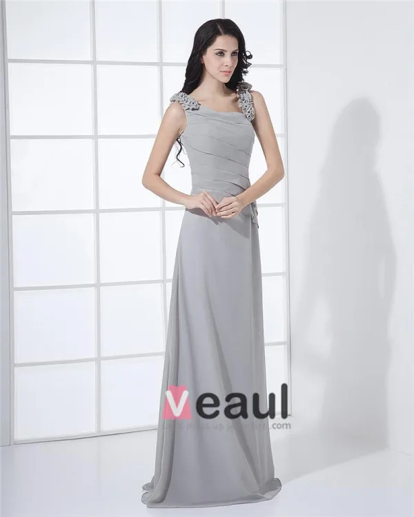Floor Length Sabrina Neckline Flowers Pleated Chiffon Woman Bridesmaid Dress