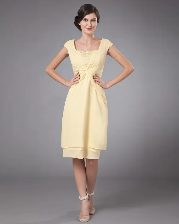 Yellow Chiffon Tea Length Dresses