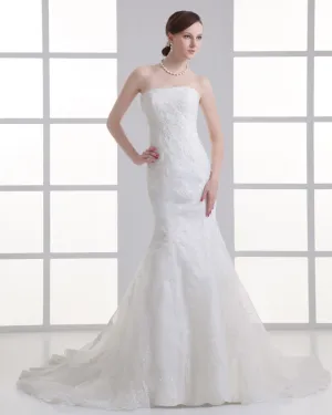 Tulle Applique Kralen Rechter Trein Strapless Zeemeermin Bruidsjurken Trouwjurken
