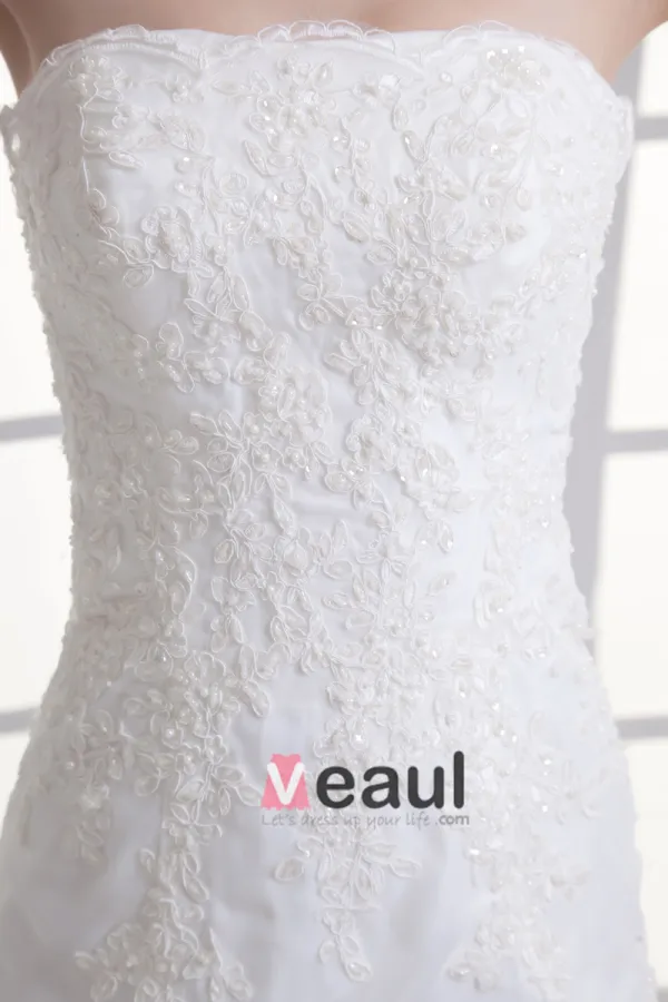 Tulle Applique Beading Court Train Strapless Mermaid Wedding Dress