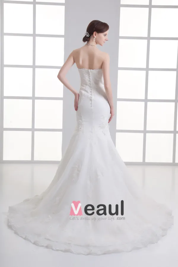 Tulle Applique Beading Court Train Strapless Mermaid Wedding Dress