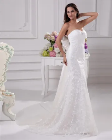 Elegant Beading Volanger Alskling Golv Langd Domstol Tag Satin Garn Klänning Slida Brudklänningar Bröllopsklänningar