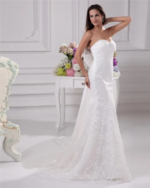 Elegant Beading Ruffles Sweetheart Floor Length Court Train Satin Yarn Sheath Wedding Dress