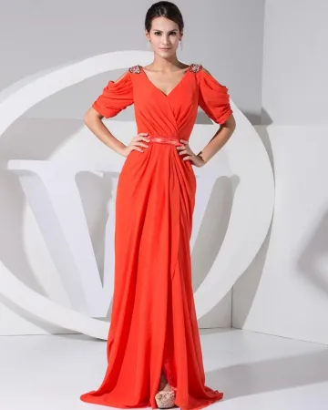 Chiffon Elastische Zijde V Hals Epaulet Met Korte Mouwen Ruches Rits Vloer Lengte Lange Avondjurk