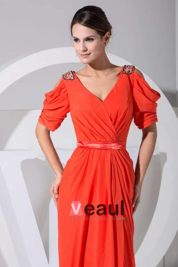 Chiffon V Neck Epaulet Short Sleeve Ruffle Zipper Floor Length Celebrity Dress
