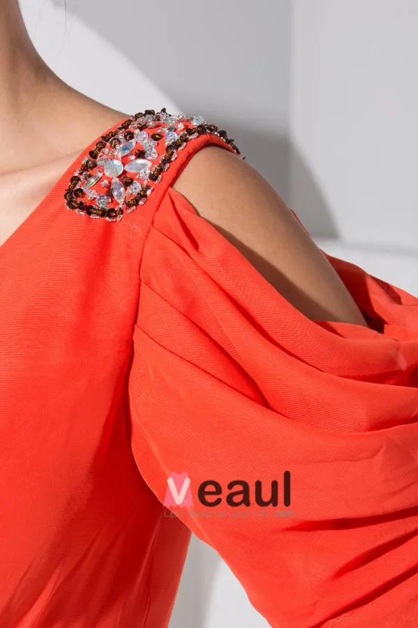 Chiffon V Neck Epaulet Short Sleeve Ruffle Zipper Floor Length Celebrity Dress