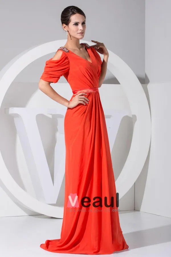 Chiffon V Neck Epaulet Short Sleeve Ruffle Zipper Floor Length Celebrity Dress