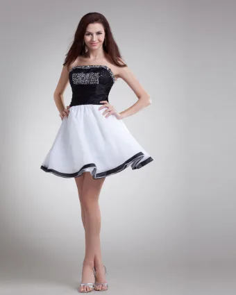 Organza Mini Beading Strapless Pleated Women Cocktail Dress