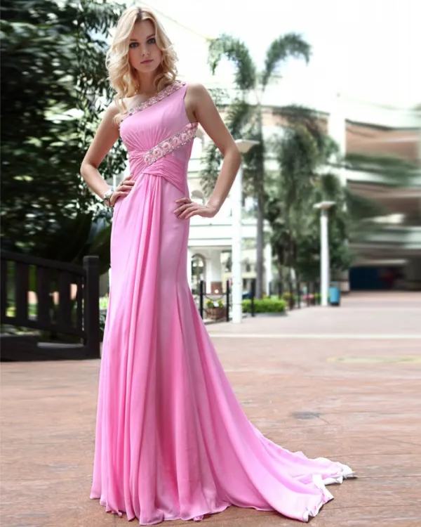 Silk One Shoulder Drape Applique Rhinestone Floor Length