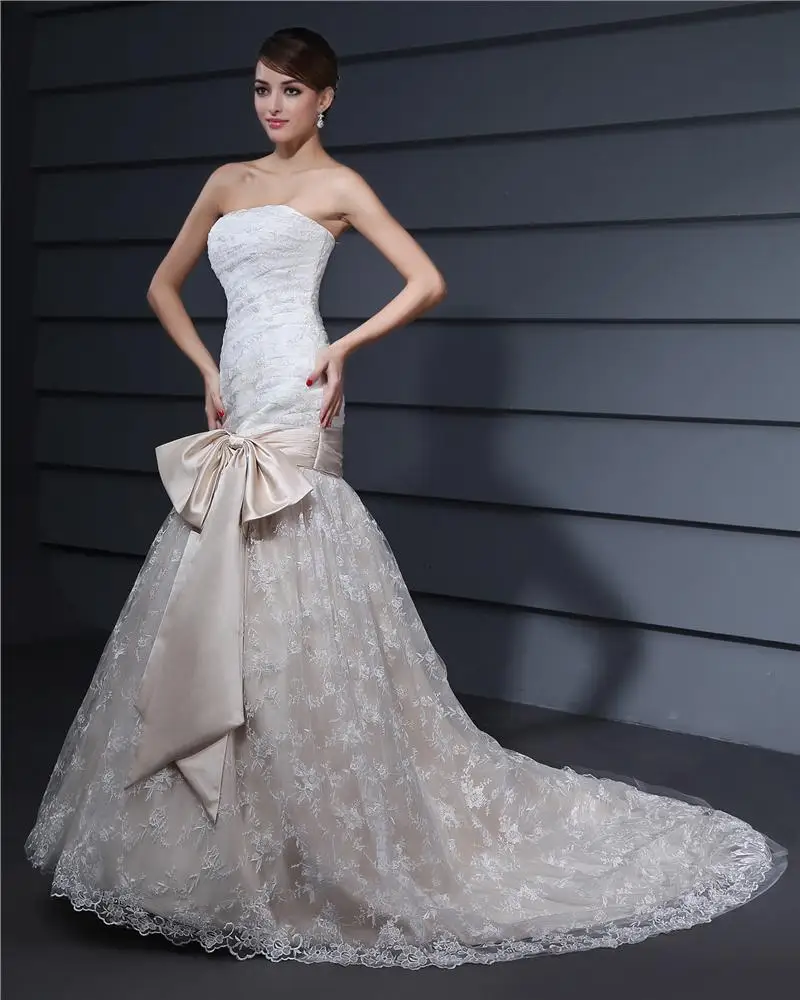 Stroppelos Bowknot Broderi Gulv Lengde Blonder Kvinne Havfrue Brudekjoler Bryllupskjoler