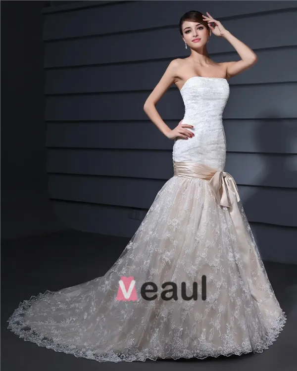 Bustier Longueur De Plancher De Broderie Dentelle Femme Robe De Mariée Sirène De Bowknot