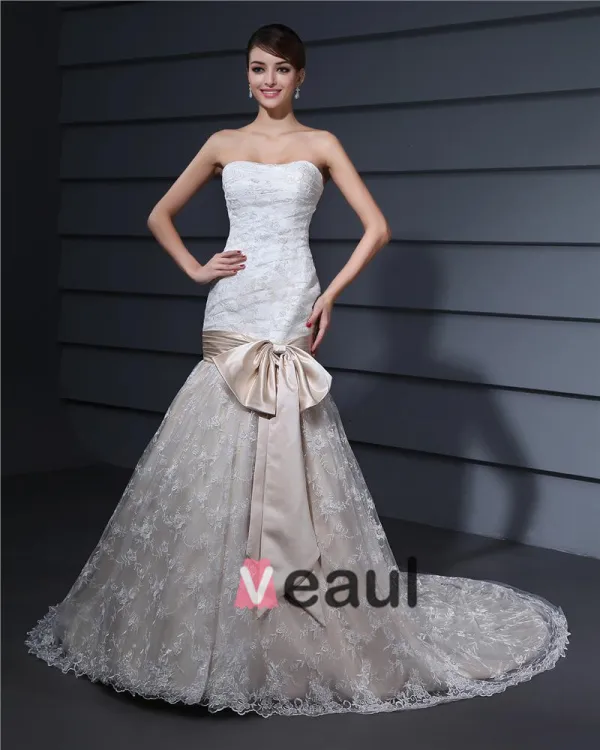 Bustier Longueur De Plancher De Broderie Dentelle Femme Robe De Mariée Sirène De Bowknot