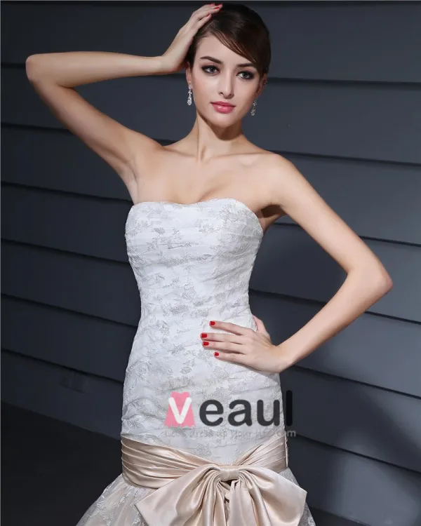 Bustier Longueur De Plancher De Broderie Dentelle Femme Robe De Mariée Sirène De Bowknot