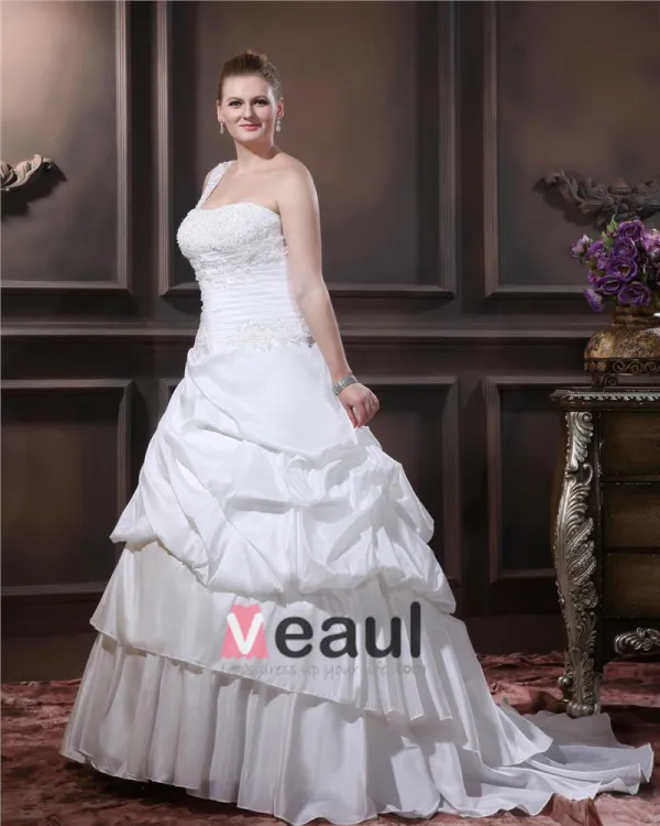 Layered Ruffle One Shoulder Court Plus Size Bridal Gown Wedding Dress