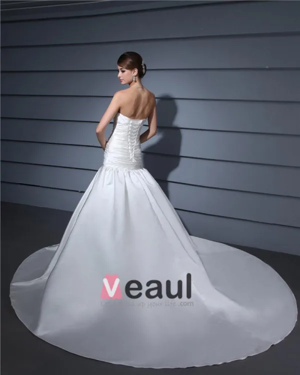 Strapless Pleated Floor Length Charmeuse Woman Mermaid Wedding Dress