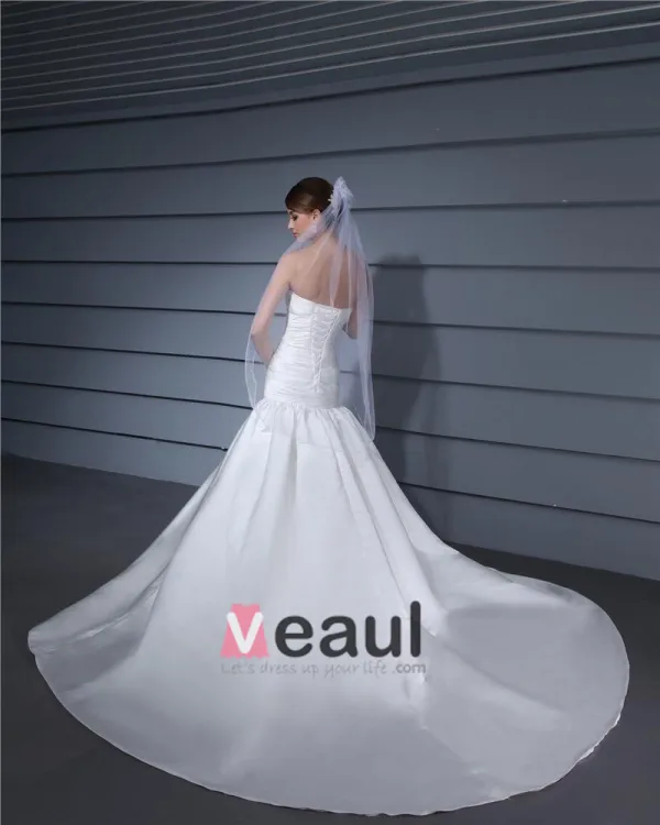 Strapless Pleated Floor Length Charmeuse Woman Mermaid Wedding Dress