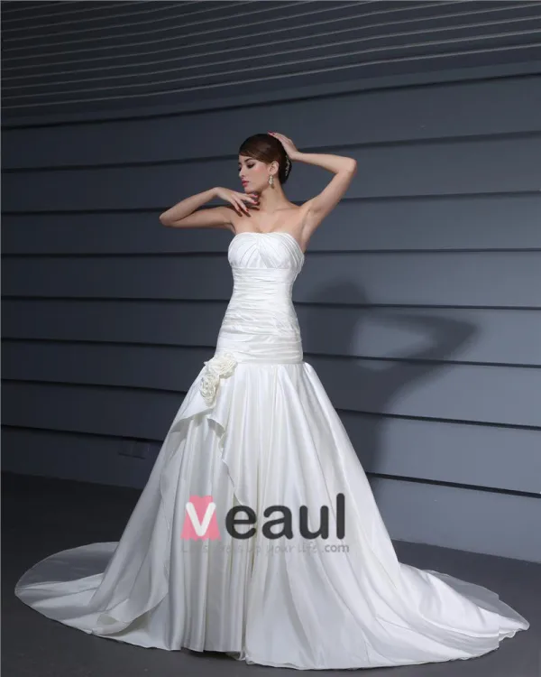 Strapless Pleated Floor Length Charmeuse Woman Mermaid Wedding Dress