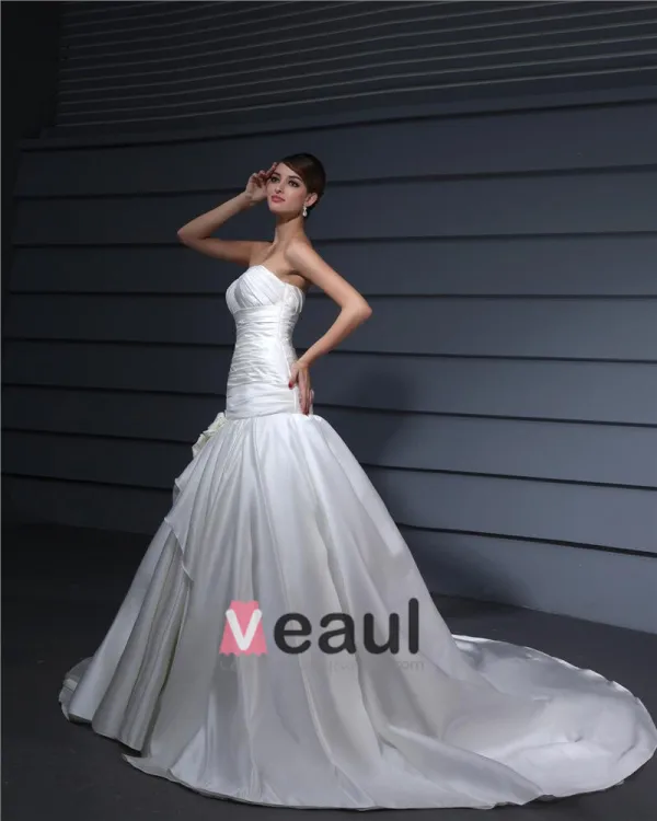 Strapless Pleated Floor Length Charmeuse Woman Mermaid Wedding Dress