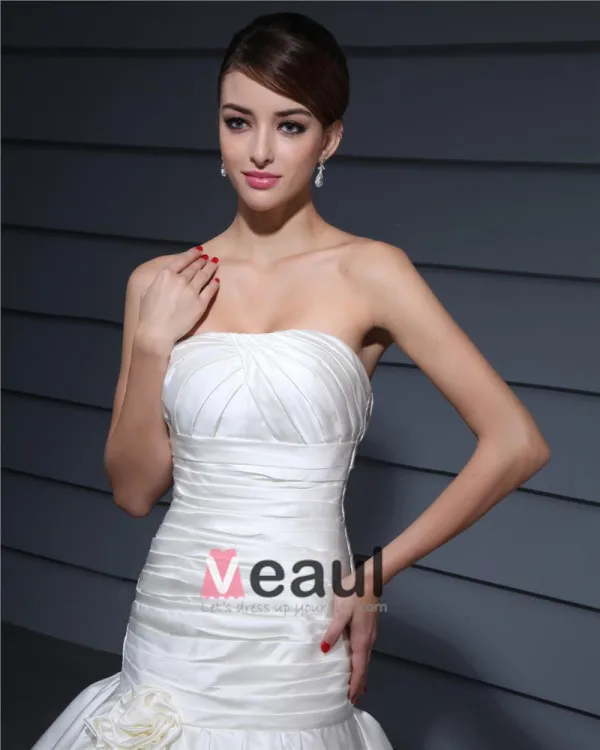 Strapless Pleated Floor Length Charmeuse Woman Mermaid Wedding Dress