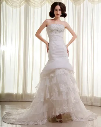 Organza Lace Beading Ruffles Strapless Chapel Train Mermaid Wedding Dress