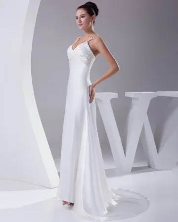 Charmeuse Elegant Perles De Courroie De Spaghetti Etage Longueur Robe De Mariée Robe De Mariage