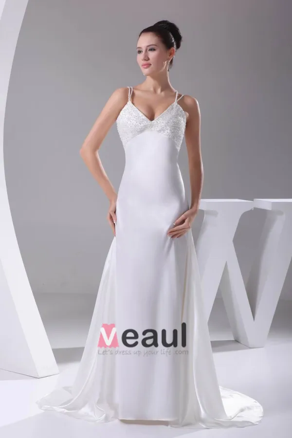 Charmeuse Elegant Perles De Courroie De Spaghetti Etage Longueur Robe De Mariée Robe De Mariage