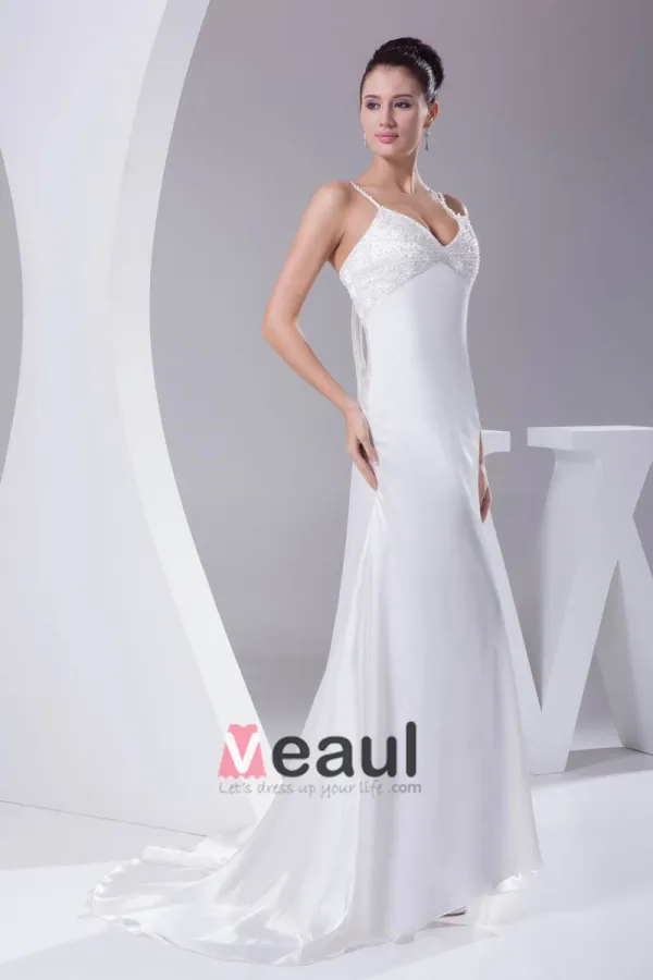 Charmeuse Elegant Perles De Courroie De Spaghetti Etage Longueur Robe De Mariée Robe De Mariage