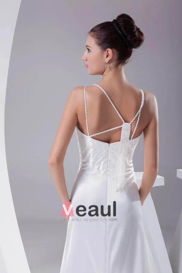 Charmeuse Elegant Perles De Courroie De Spaghetti Etage Longueur Robe De Mariée Robe De Mariage