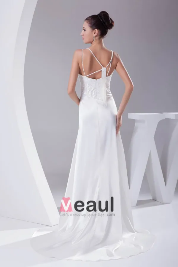 Charmeuse Elegant Perles De Courroie De Spaghetti Etage Longueur Robe De Mariée Robe De Mariage