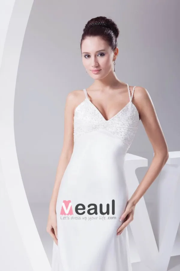 Charmeuse Elegant Perles De Courroie De Spaghetti Etage Longueur Robe De Mariée Robe De Mariage