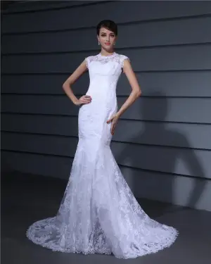 Juwel Stickerei Bodenlange Spitze Frau Mermaid Brautkleid