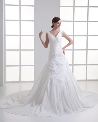 Taffeta Beading Ruffle V Neck Court Train Mermaid Wedding Dress