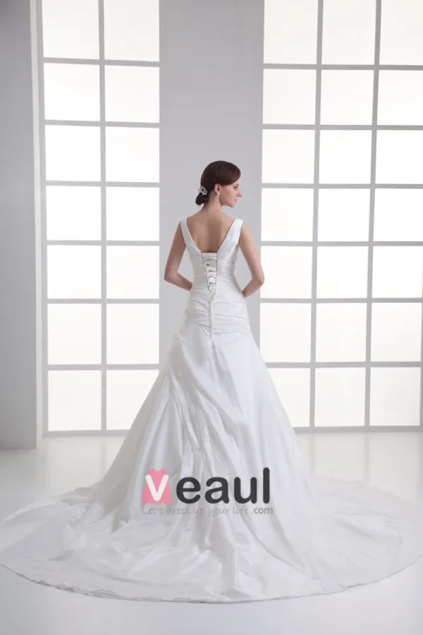 Taffeta Beading Ruffle V Neck Court Train Mermaid Wedding Dress