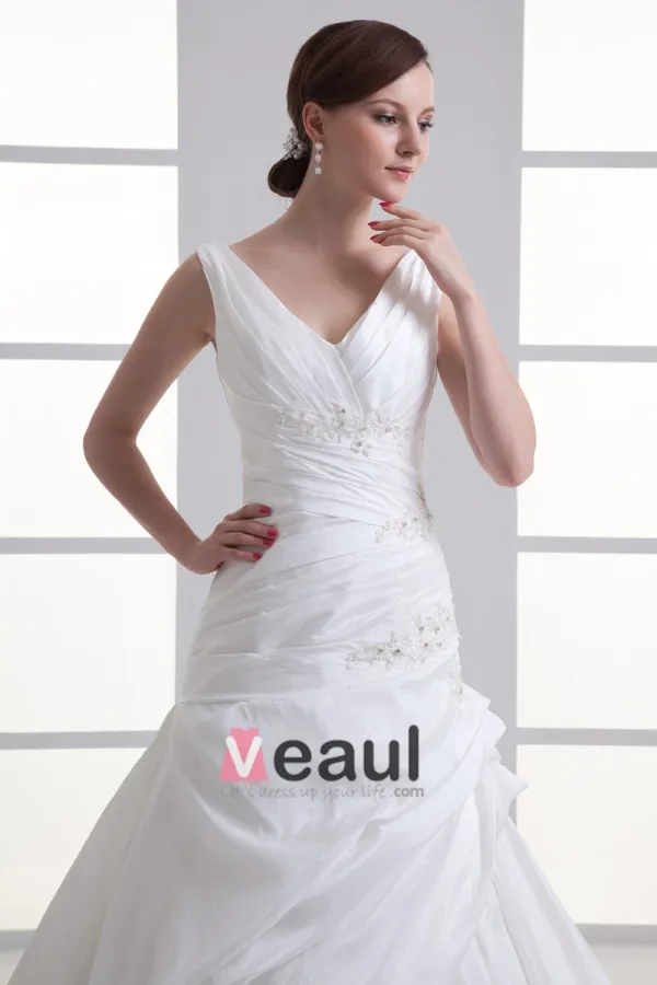 Taffeta Beading Ruffle V Neck Court Train Mermaid Wedding Dress