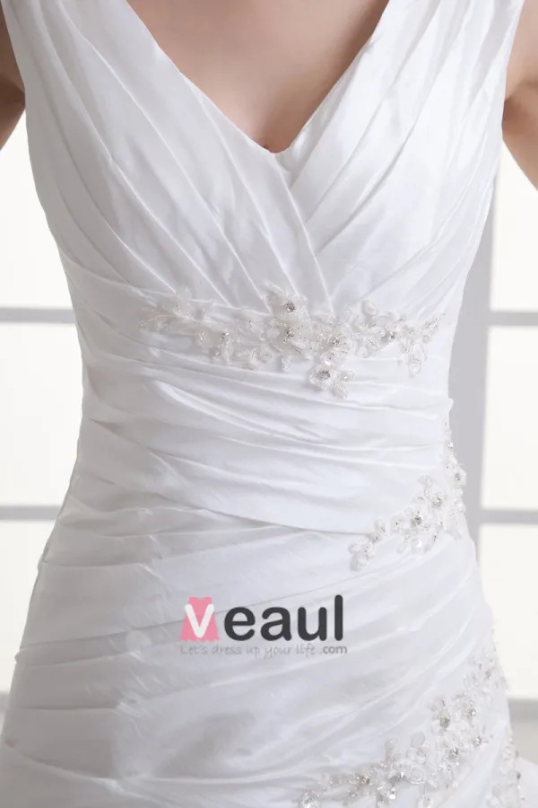 Taffeta Beading Ruffle V Neck Court Train Mermaid Wedding Dress