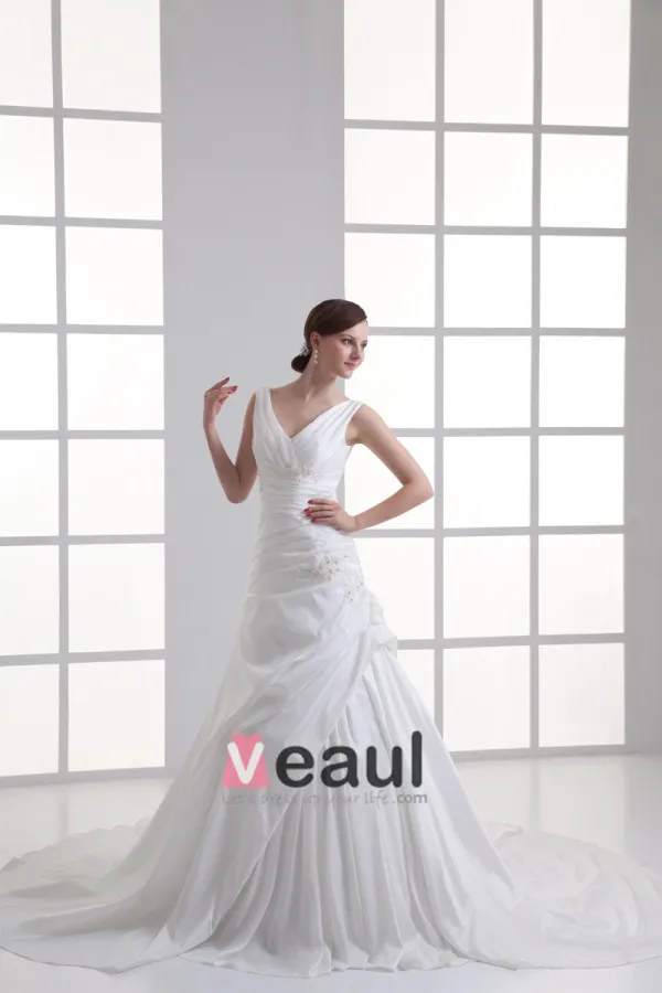 Taffeta Beading Ruffle V Neck Court Train Mermaid Wedding Dress