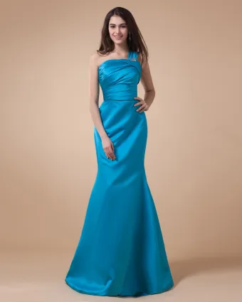 One Shoulder Ruffle Sleeveless Zipper Floor Length Charmeuse Bridesmaid Dresses