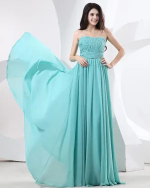 Bule Chiffon Stroppelos Krusning Gulv Lengde Aftenkjoler Selskapskjoler