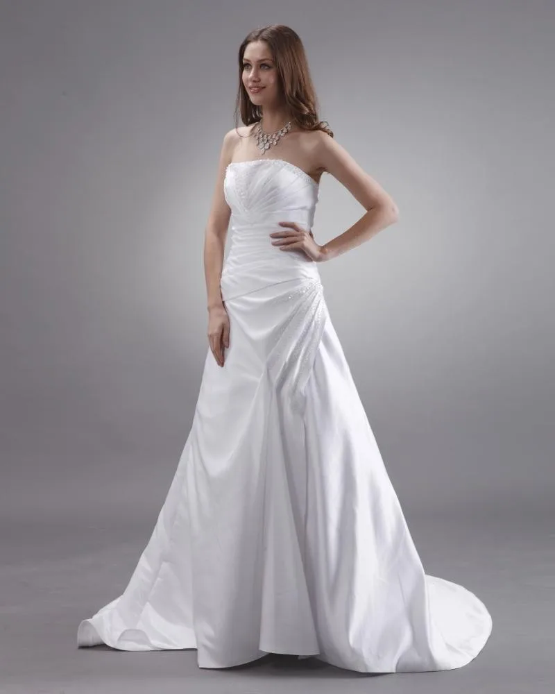 Stroppelos Beaded Krusning Satin Domstol A Linje Brudekjoler Bryllupskjoler