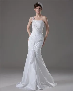Graceful Beading Ruffles One Shoulder Floor Length Taffeta Mermaid Wedding Dress