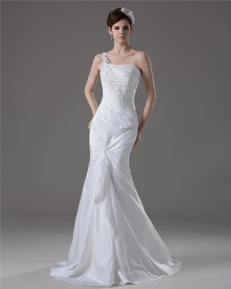 Graceful Beading Ruffles One Shoulder Floor Length Taffeta Mermaid Wedding  Dress
