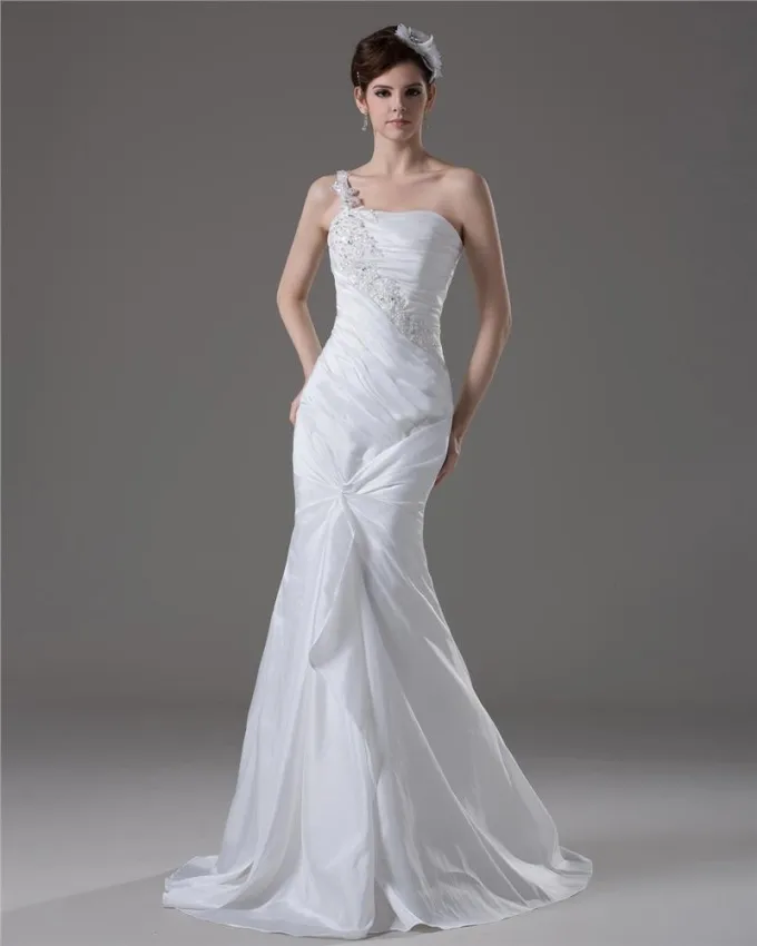 Grasios Beading Ruffles En Skulder Gulv Lengde Taffeta Havfrue Brudekjoler Bryllupskjoler